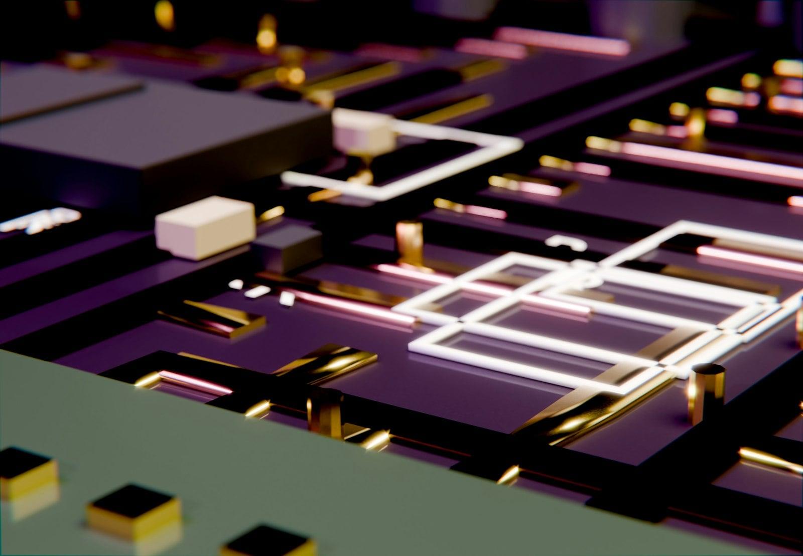 Electronic circuit board with glowing lines and various components