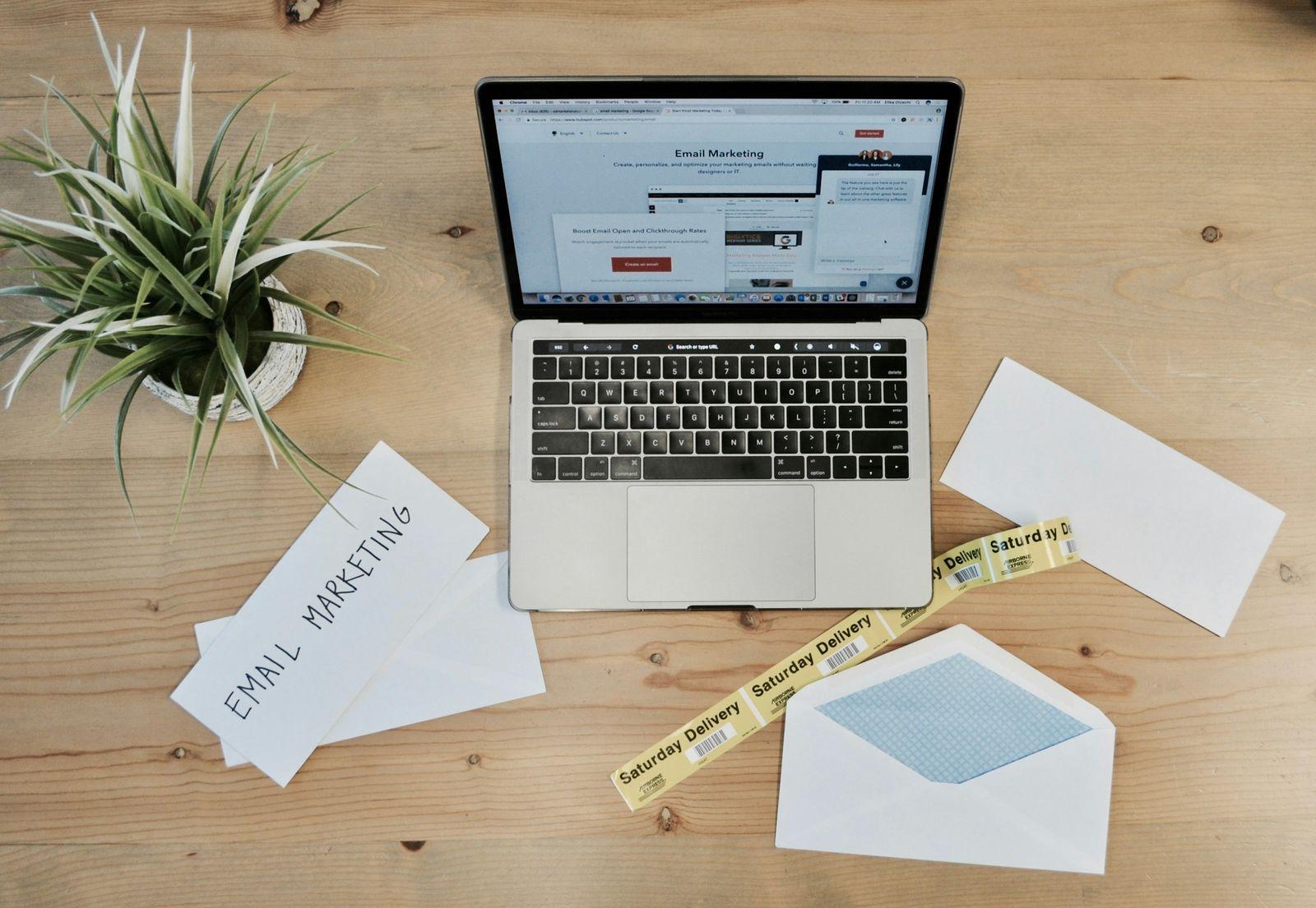 Modern marketing workspace with laptop and campaign planning materials representing streamlined campaign execution