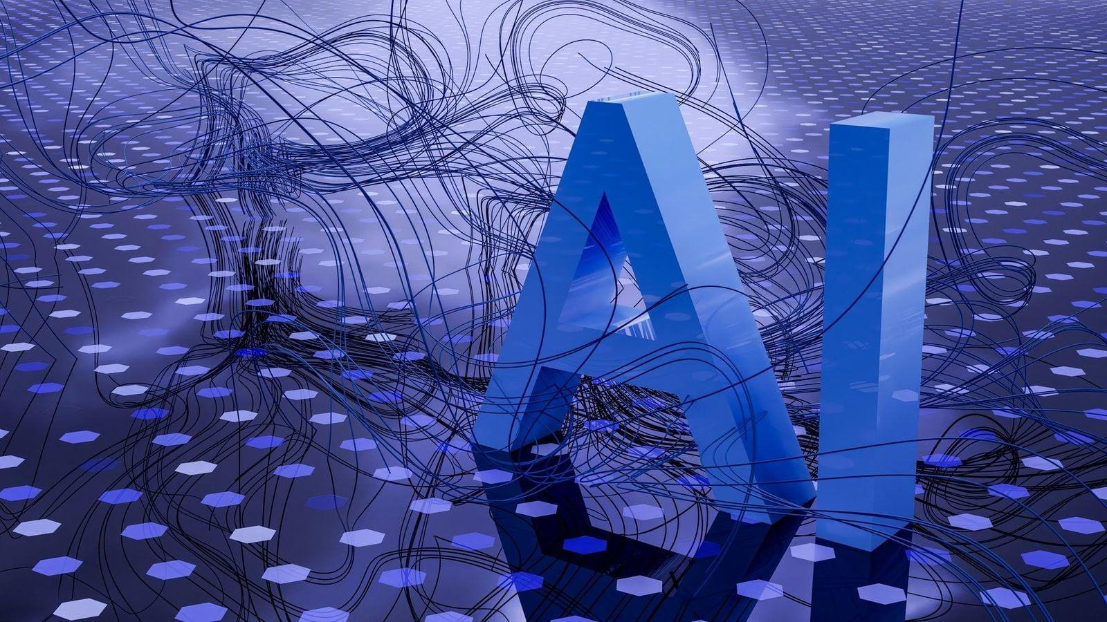 Abstract visualization of artificial intelligence neural networks with glowing blue connections